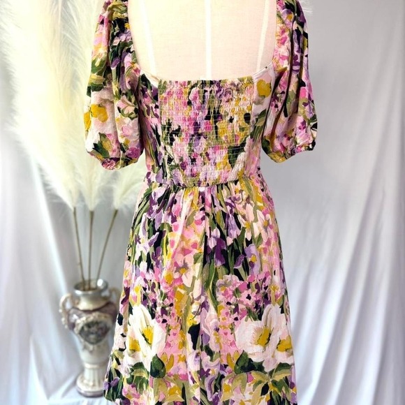 H&M Puffy Sleeve Feminine Floral Pink, yellow and Lavender Mini Dress - Picture 6 of 8